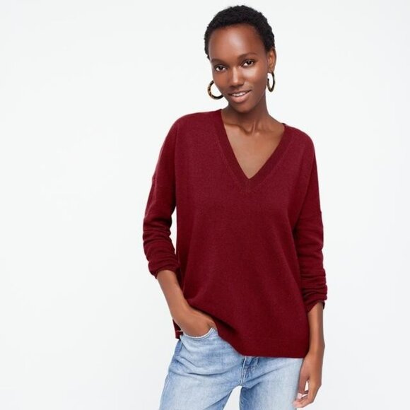 NWT J.Crew Cashmere V-neck Boyfriend Sweater in Vintage Burgundy Oversize XXS
